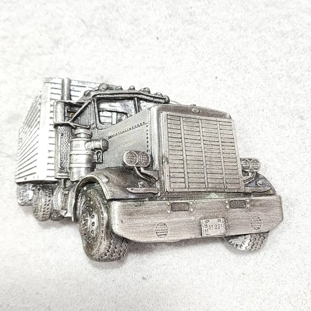 Semi Truck Trailer Belt Buckle Pewter Tone Bergamot Brass Works Vintage 1977 USA